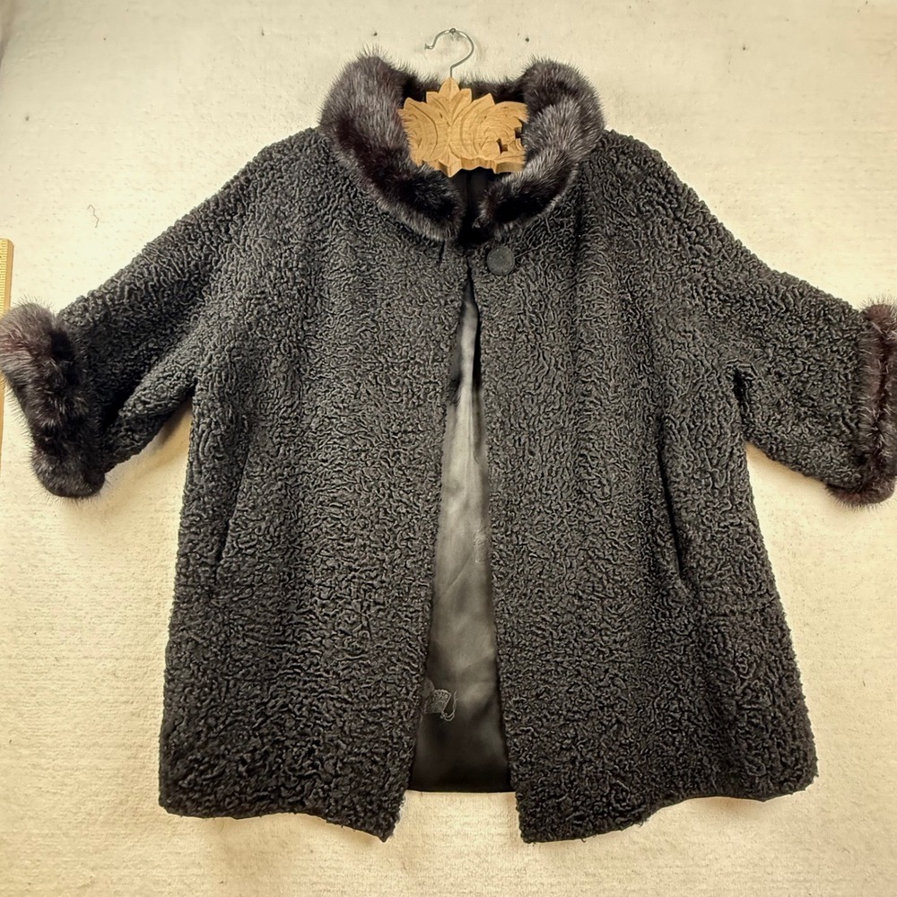 Vtg Persian Lamb Astrakhan Fur Coat Mink Black 60s Glam Rockabilly Luxury MCM